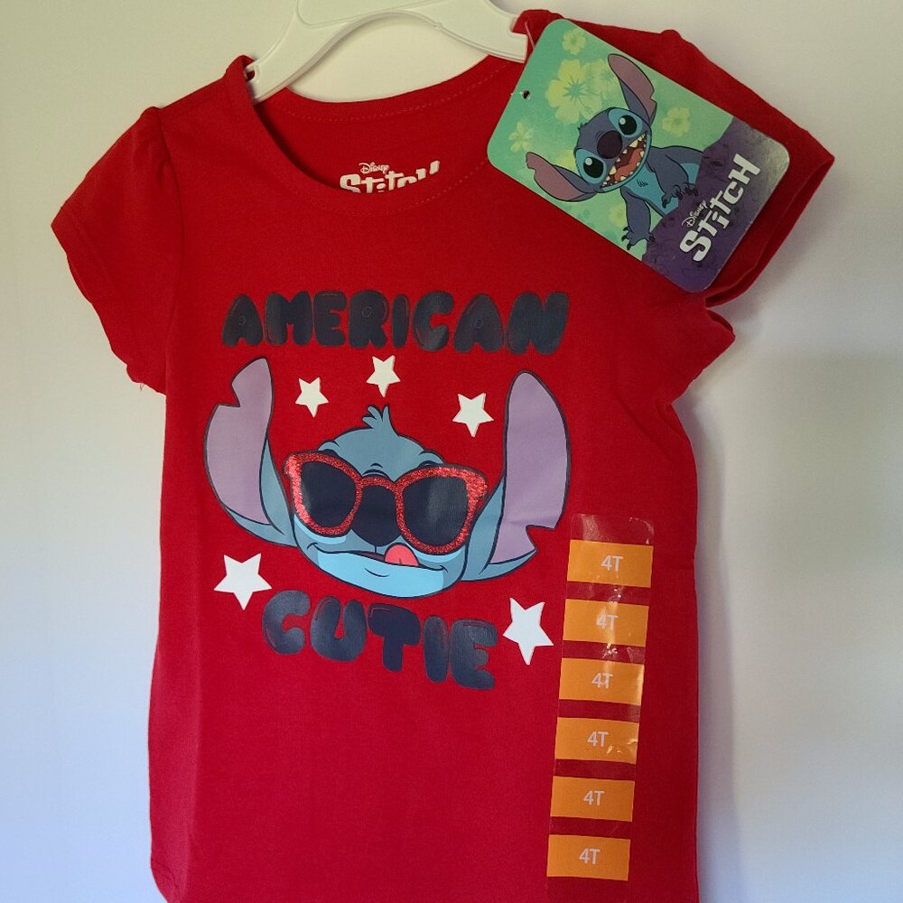 DISNEY  STITCH  GIRLS RED SHORT SLEEVE PULLOVER TEE SHIRT "AMERICAN CUTIE''